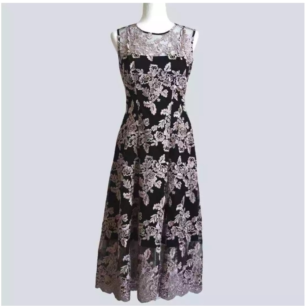 Anthropologie Hitherto Tonya Embroidered black and pink midi dress